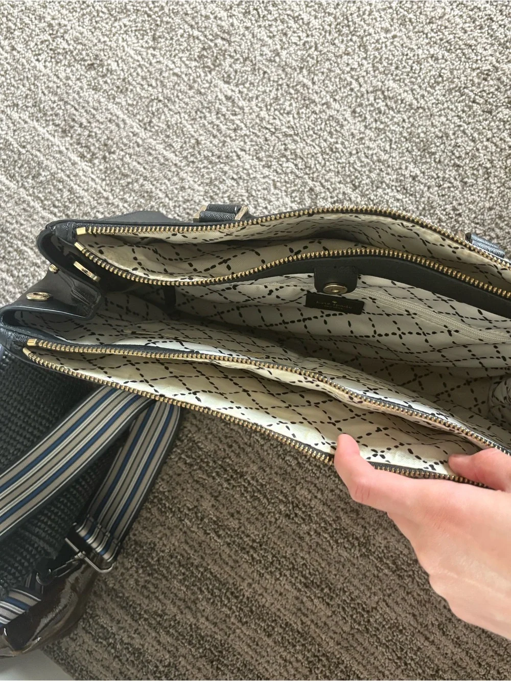 kate spade black saffiano tote with gold accents